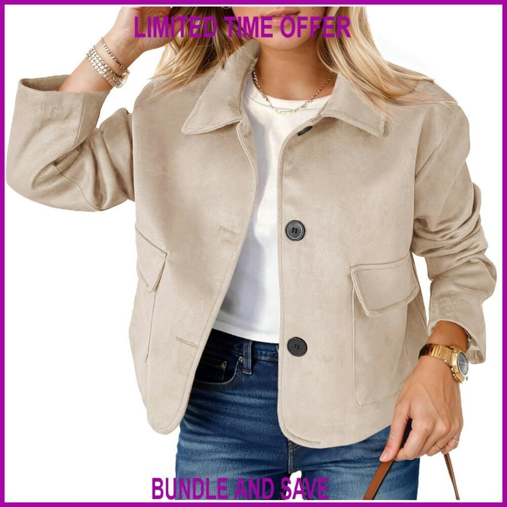 Faux Suede Cropped Jacket Lapel Collar Button Front Pockets